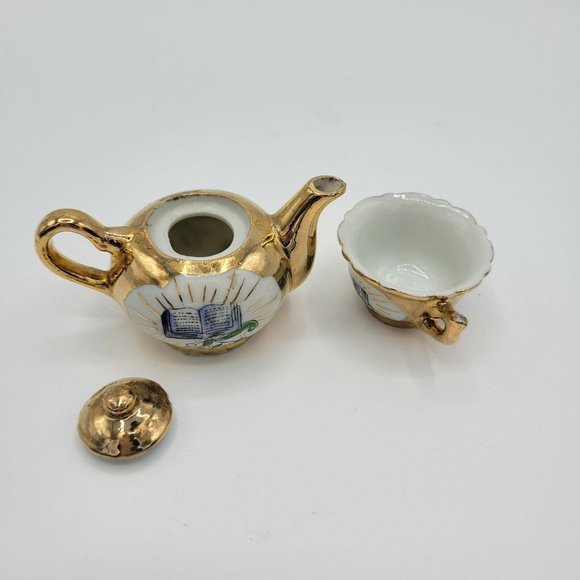 Miniature Teapot And Teacup Vintage Bible Print Religious Gold Plate Doll Teapot - Picture 5 of 12